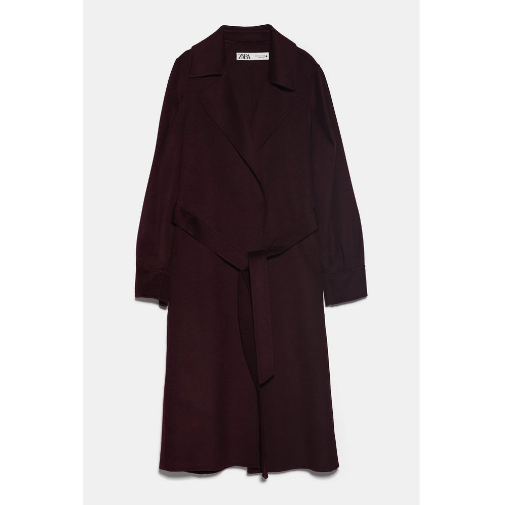 Zara Handmade Belted Wrap Wool Coat Wine - Picture 8 of 10